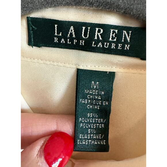 Lauren by Ralph Lauren Women's Medium Cream Pleated Front Collar Button Up Top - Picture 10 of 11